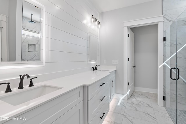 1655 Old Salt Run SW Unit L-45, Shallotte, NC 28470 - bathroom with marble look tile flooring, a marble finish shower, double vanity, and baseboards