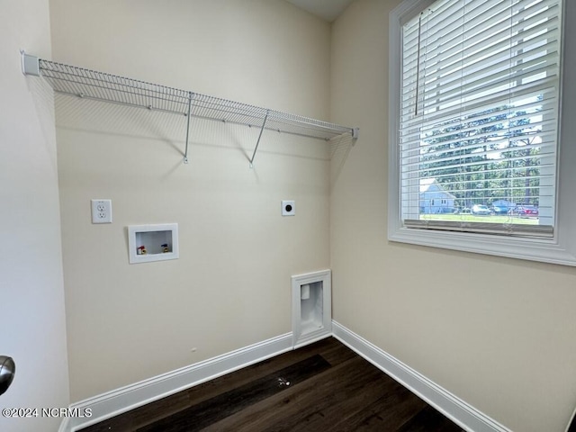 1005 Sunnybrook Rd S, Wilson, NC 27893 - laundry area featuring baseboards, dark wood finished floors, electric dryer hookup, laundry area, and washer hookup