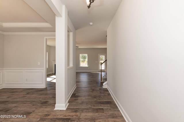 hall with ornamental molding and dark hardwood / wood-style floors