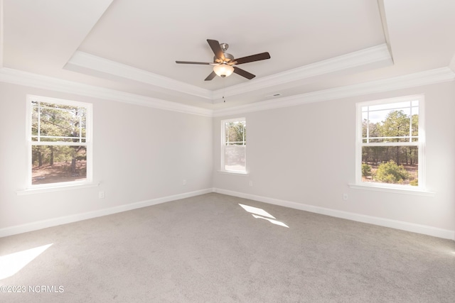 carpeted empty room featuring ceiling fan, a raised ceiling, and plenty of natural light