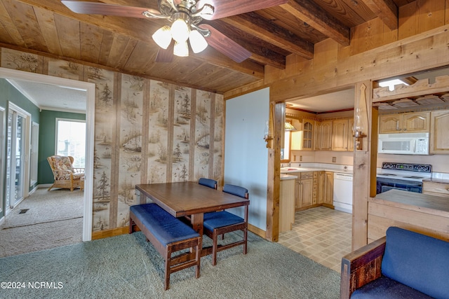 carpeted dining area with wood ceiling and ceiling fan