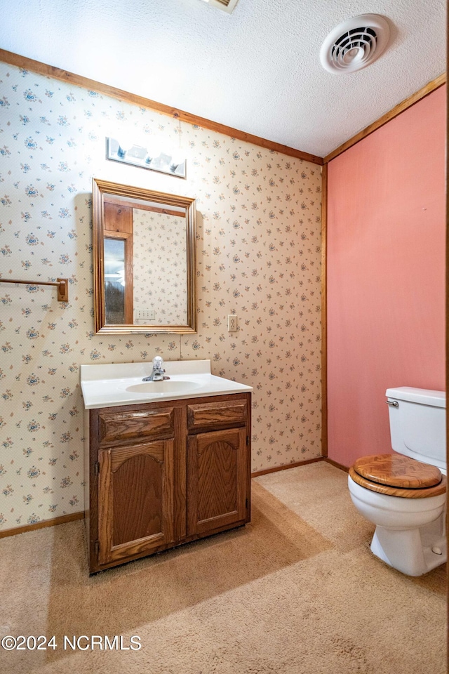 bathroom featuring vanity, a textured ceiling, toilet, and ornamental molding