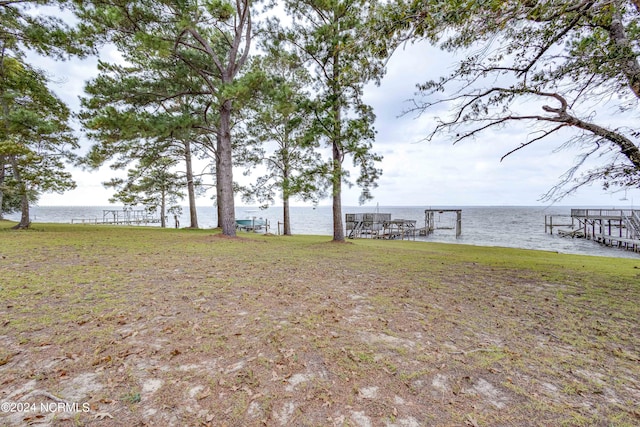 view of yard featuring a dock and a water view