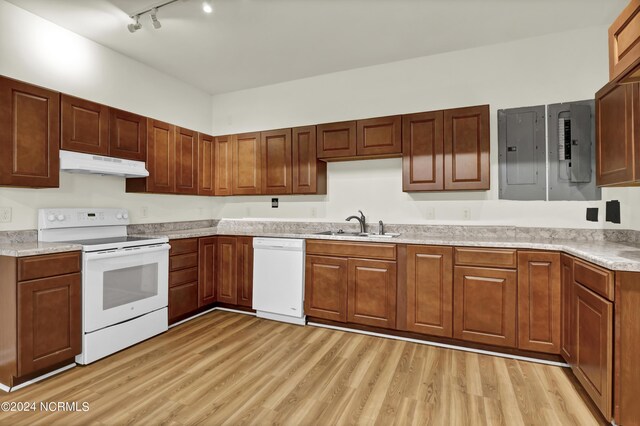 kitchen with light hardwood / wood-style flooring, sink, white appliances, and rail lighting