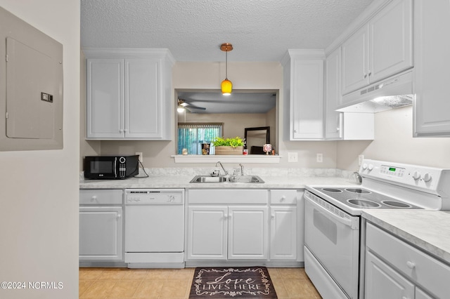 kitchen featuring dishwasher, electric panel, white cabinetry, ceiling fan, and range with electric stovetop