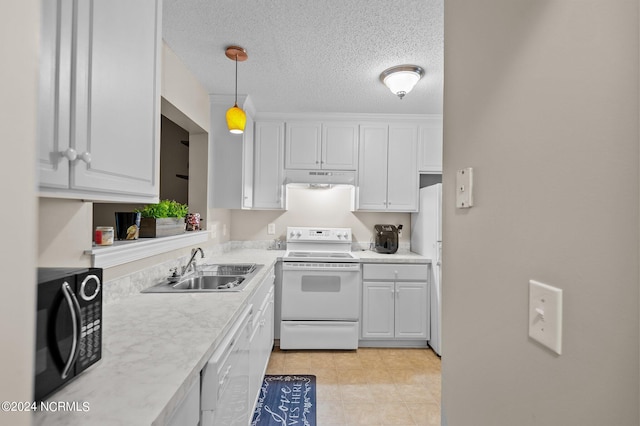 kitchen with hanging light fixtures, white cabinetry, white appliances, light stone countertops, and a textured ceiling