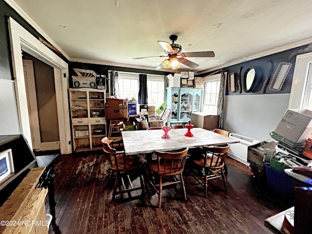 dining room with ceiling fan, crown molding, and dark hardwood / wood-style flooring