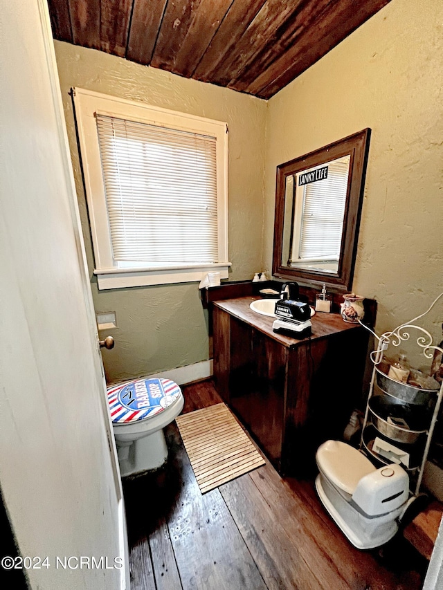 bathroom featuring wooden ceiling, wood-type flooring, vanity, and toilet