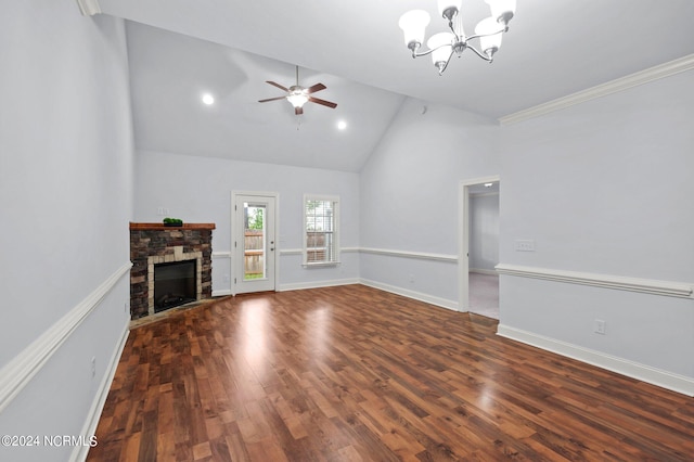 unfurnished living room featuring a stone fireplace, ceiling fan with notable chandelier, dark hardwood / wood-style flooring, and high vaulted ceiling