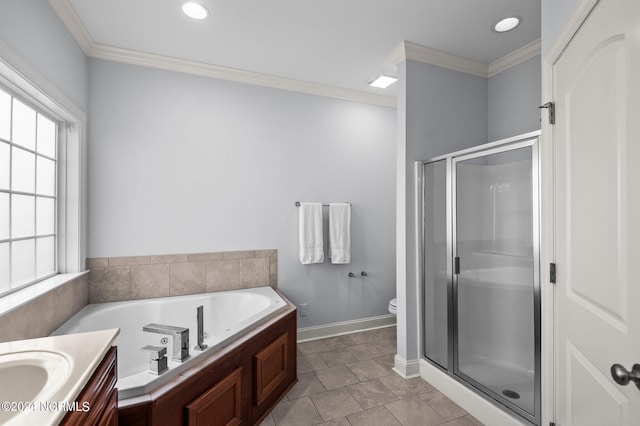 full bathroom featuring crown molding, tile patterned floors, separate shower and tub, vanity, and toilet