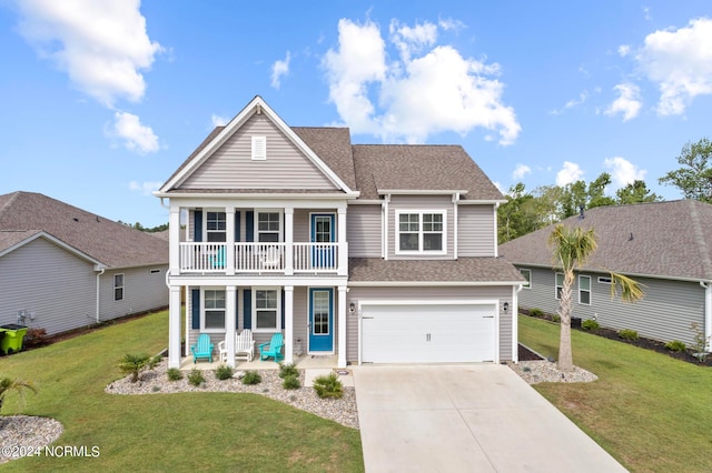 view of front of house featuring a balcony, a garage, a porch, and a front lawn