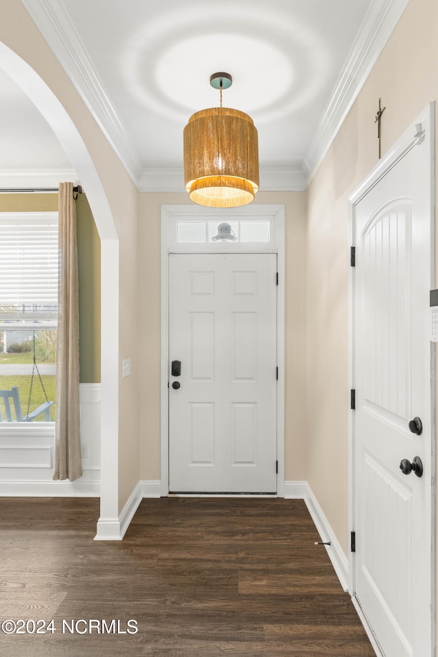 foyer with crown molding and dark hardwood / wood-style flooring