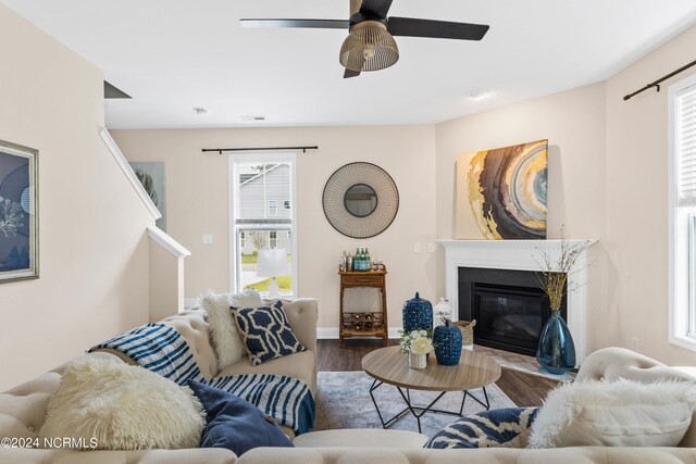 living room with hardwood / wood-style flooring, plenty of natural light, and ceiling fan