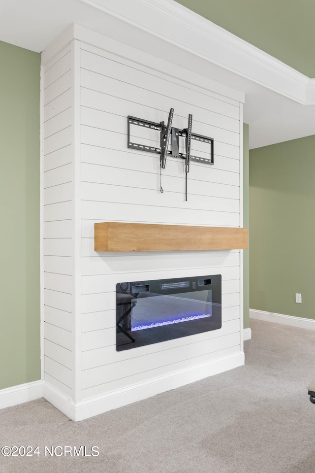 interior details with carpet flooring and a fireplace