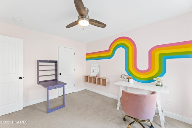 miscellaneous room featuring ceiling fan and light colored carpet