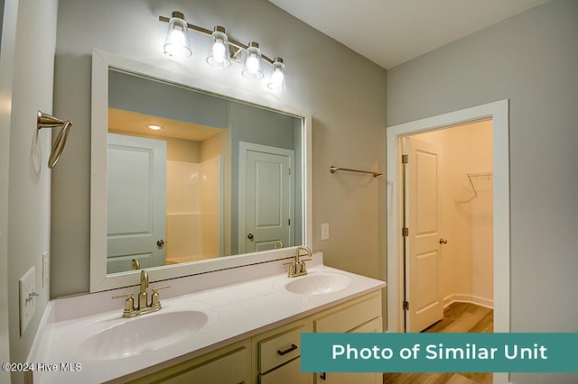 full bath featuring double vanity, wood finished floors, a spacious closet, and a sink