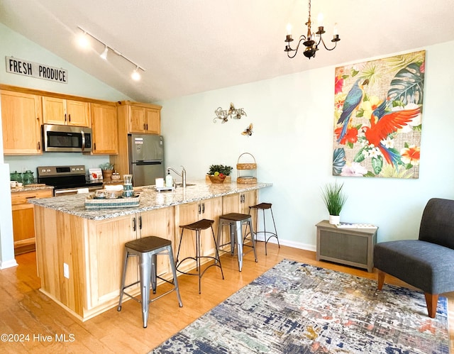 kitchen with a kitchen breakfast bar, kitchen peninsula, stainless steel appliances, and light wood-type flooring