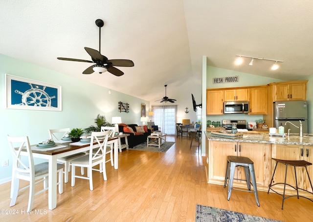 kitchen featuring a kitchen bar, light wood-type flooring, ceiling fan, stainless steel appliances, and vaulted ceiling