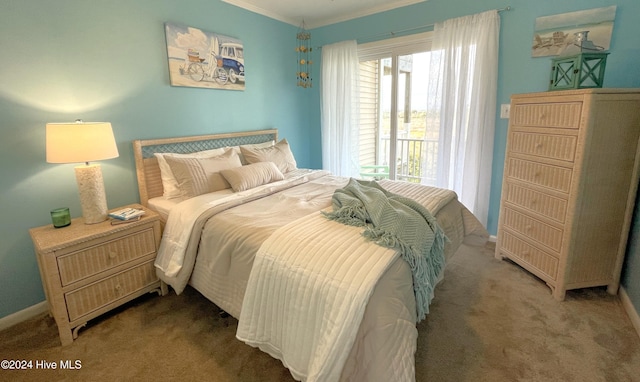 carpeted bedroom featuring ornamental molding