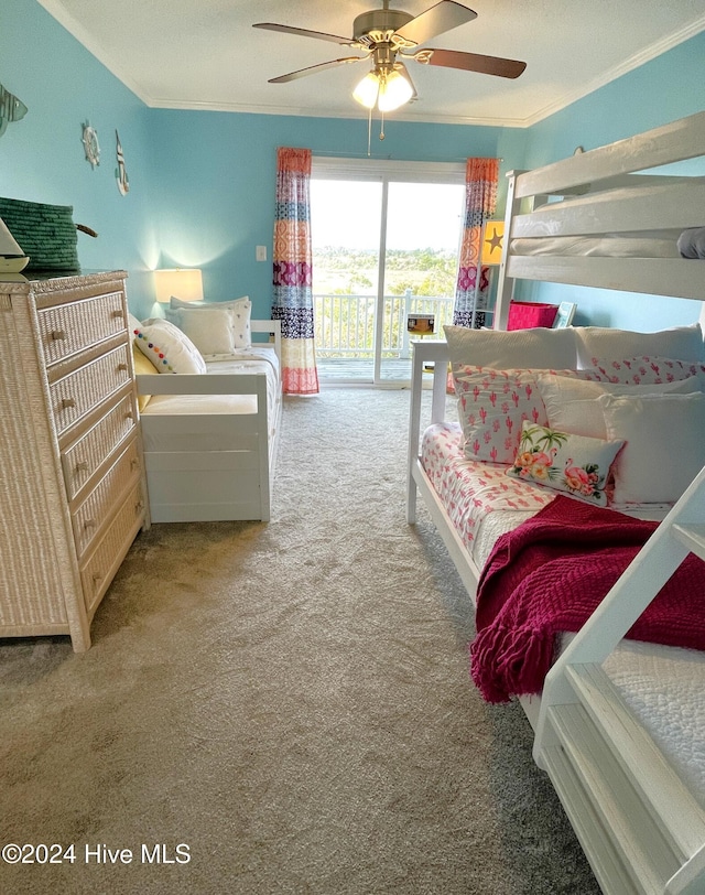 carpeted bedroom featuring crown molding, access to outside, and ceiling fan