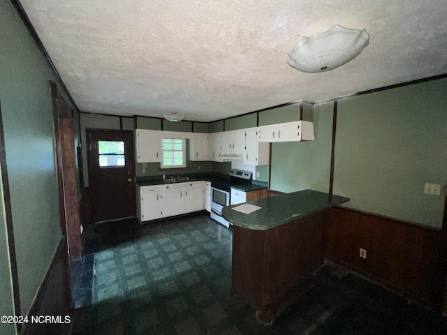 kitchen with a textured ceiling, white range with electric cooktop, exhaust hood, and white cabinets