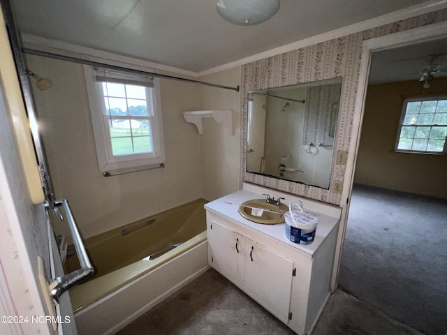 205 E Pinewood St, Roseboro, NC 28382 - bathroom featuring wallpapered walls, vanity, ornamental molding, and shower / washtub combination