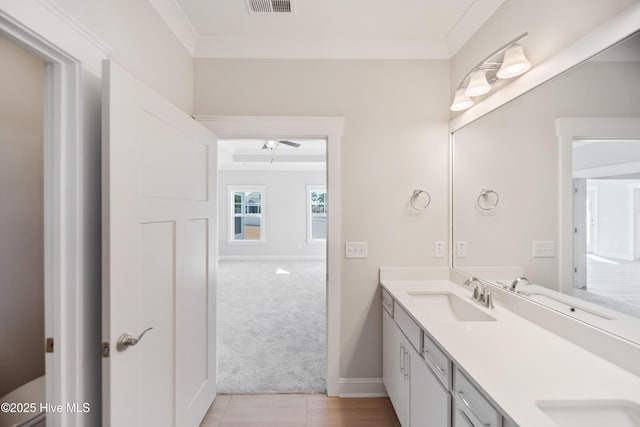 bathroom with double vanity, crown molding, baseboards, and a sink