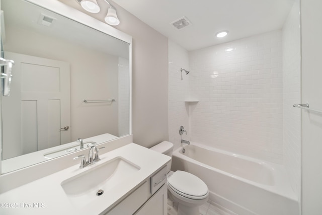 bathroom with toilet, shower / washtub combination, vanity, and visible vents