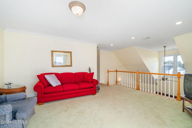 carpeted living room with crown molding