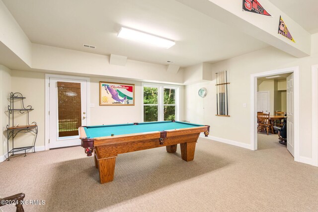 recreation room featuring pool table and carpet floors