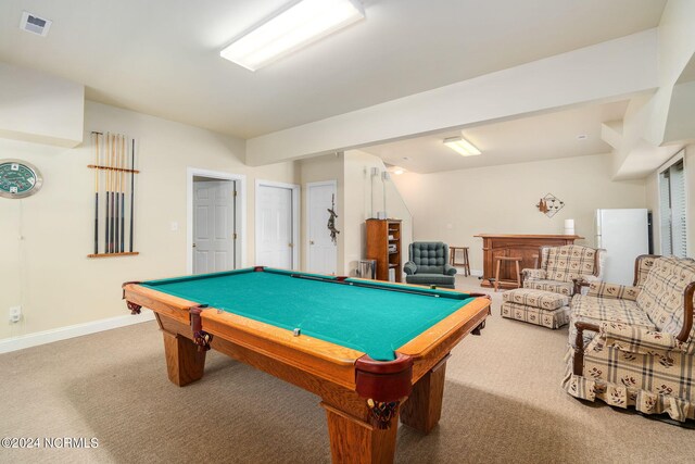 rec room with carpet and billiards