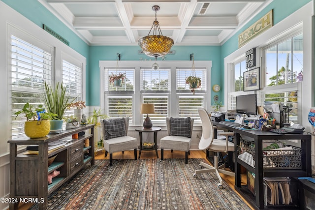 home office with beam ceiling, crown molding, plenty of natural light, and coffered ceiling