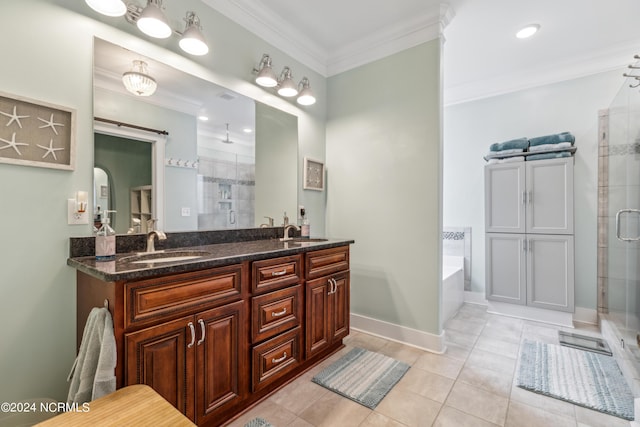 bathroom featuring vanity, crown molding, tile patterned flooring, and plus walk in shower