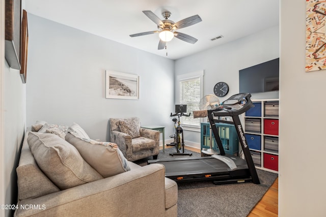 workout area with ceiling fan and wood-type flooring