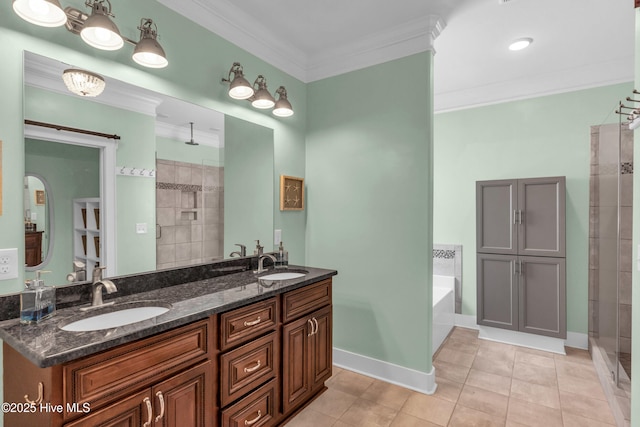 910 Old Dow Rd, Carolina Beach, NC 28428 - full bath with tiled shower, a garden tub, tile patterned floors, double vanity, and ornamental molding