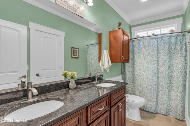 910 Old Dow Rd, Carolina Beach, NC 28428 - full bathroom with toilet, double vanity, tile patterned floors, crown molding, and a shower with shower curtain