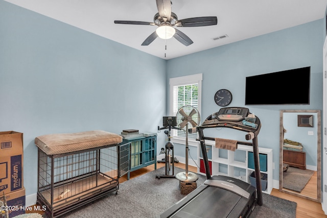 910 Old Dow Rd, Carolina Beach, NC 28428 - exercise room featuring wood finished floors, ceiling fan, and baseboards