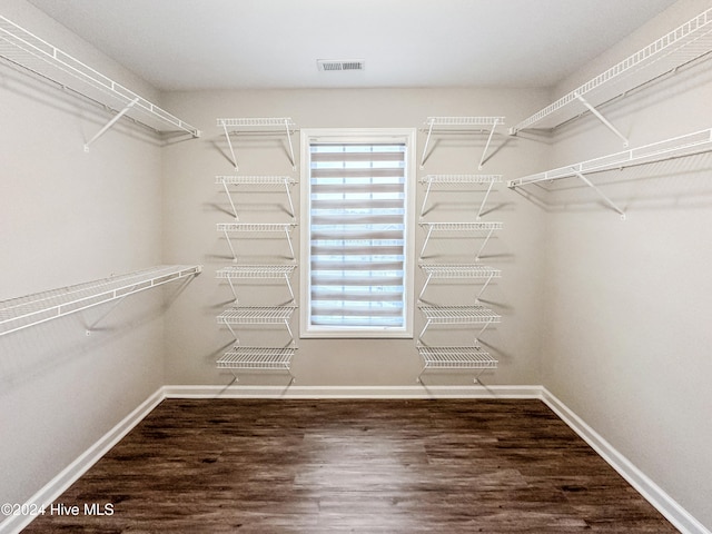 walk in closet with dark wood-type flooring