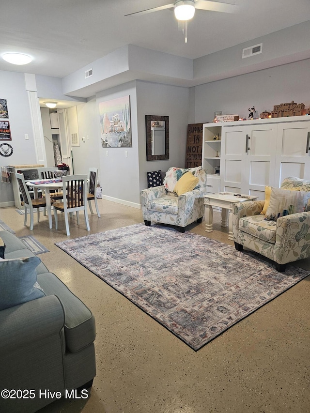 living room featuring ceiling fan