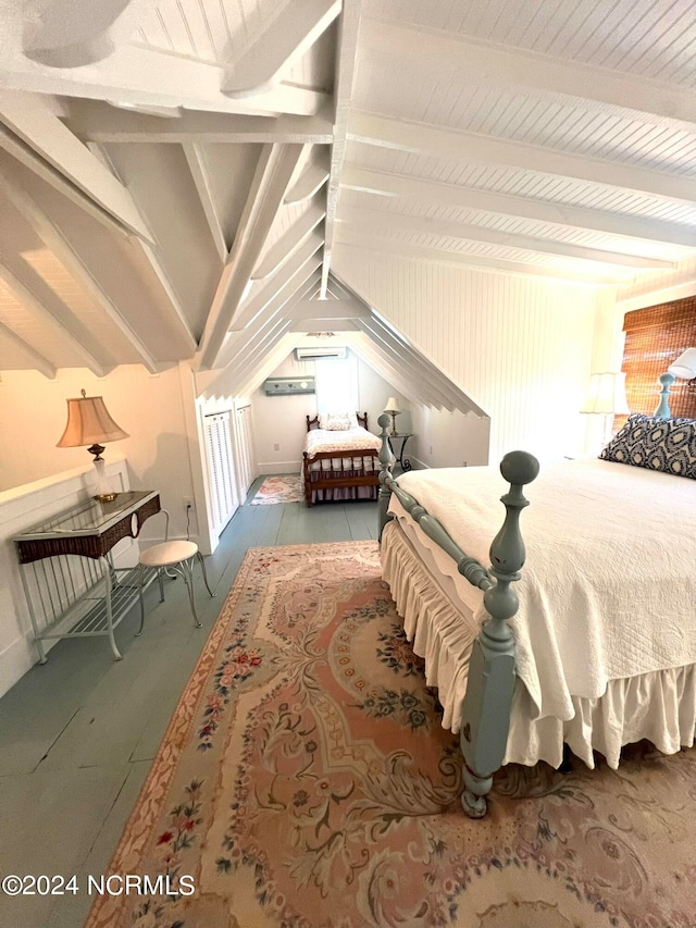 bedroom with lofted ceiling with beams and light tile patterned floors