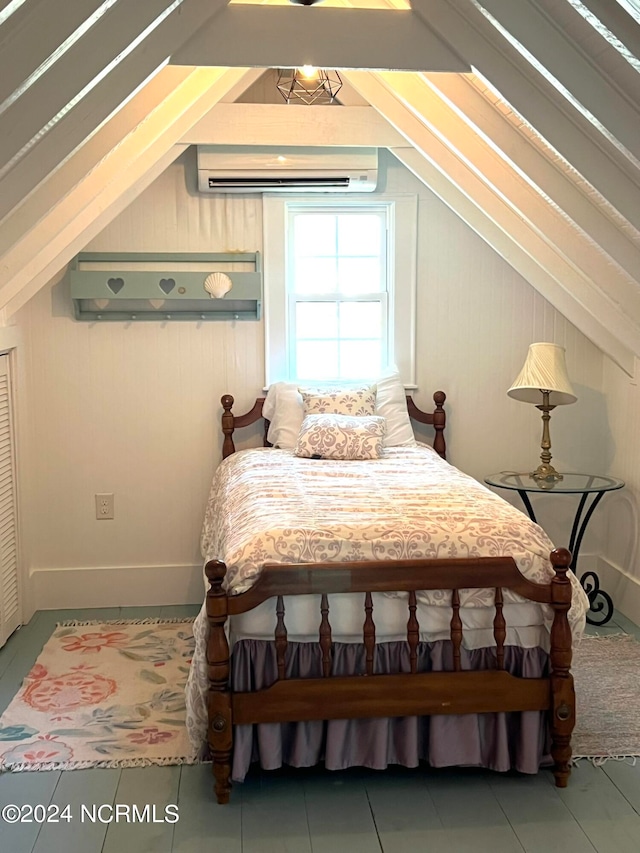 tiled bedroom featuring wood walls, vaulted ceiling, and a wall mounted air conditioner