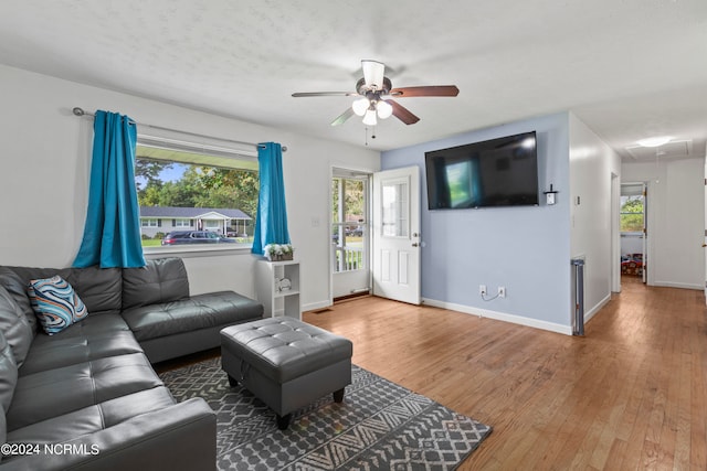 living room featuring a textured ceiling, hardwood / wood-style flooring, ceiling fan, and plenty of natural light