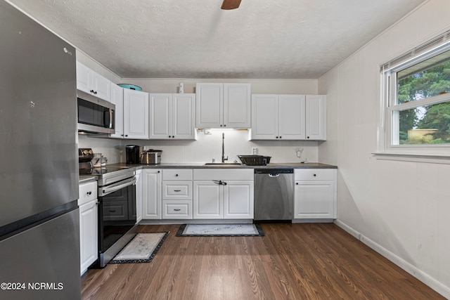 kitchen featuring white cabinetry, sink, dark wood-type flooring, and stainless steel appliances