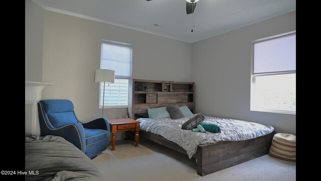 bedroom featuring multiple windows, ceiling fan, carpet, and ornamental molding