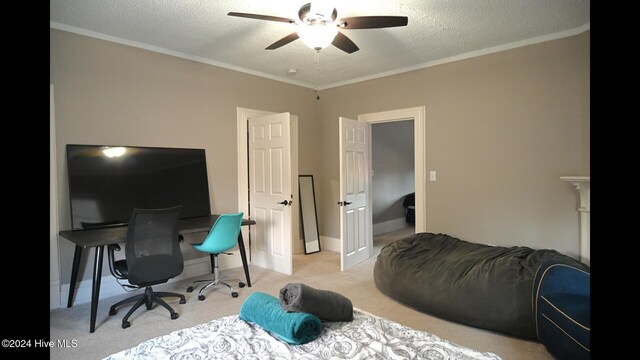 carpeted office space with ceiling fan, a textured ceiling, and ornamental molding