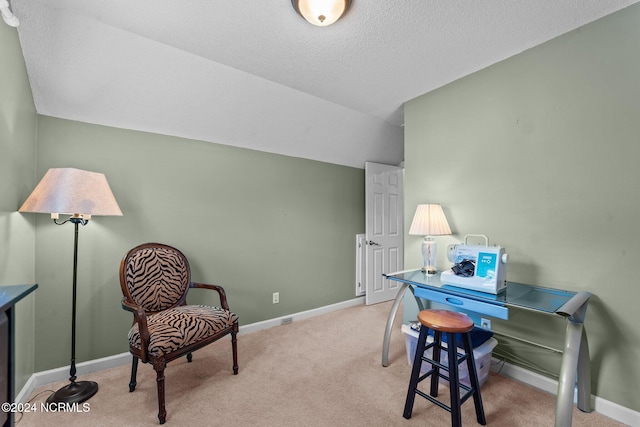 office area featuring light colored carpet, a textured ceiling, and vaulted ceiling