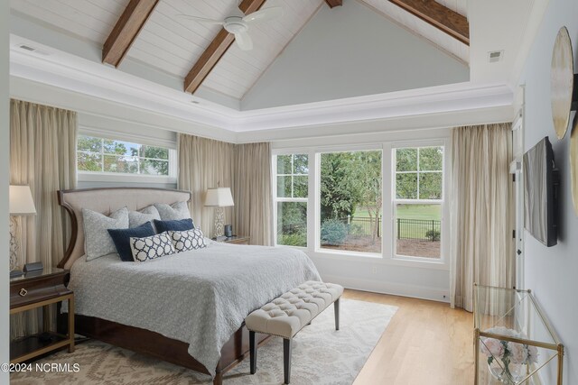 hall with vaulted ceiling with beams, light wood-style flooring, recessed lighting, coffered ceiling, and baseboards