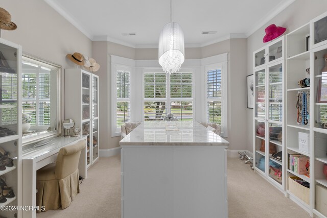 interior space with light carpet and crown molding