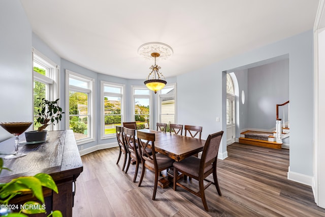 dining space with dark hardwood / wood-style floors