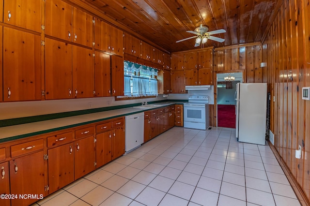 kitchen with wooden ceiling, white appliances, sink, and light tile patterned floors